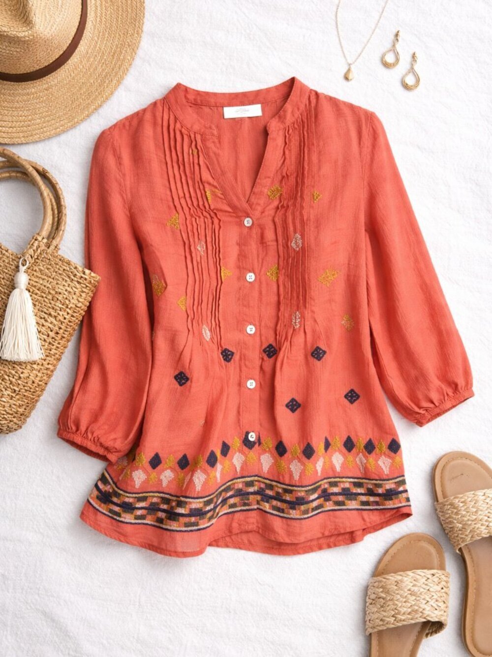 Figueroa & Flower Coral Embroidered Boho Peasant Blouse Petite S